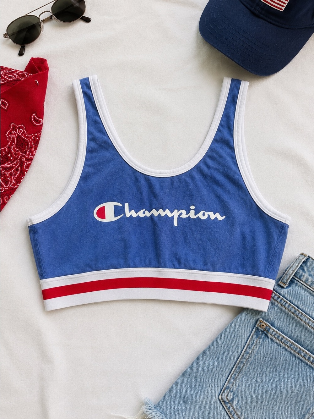 Champion Americana Sports Bra Crop Top 🇺🇸 Red White Blue USA Soccer World Cup L